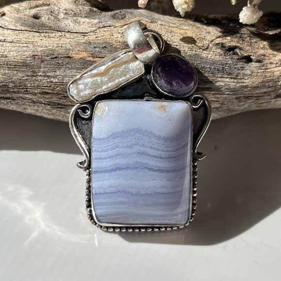 925‎ silver overlay blue lace agate pendant with biwa pearl and amethyst - Picture 5 of 6